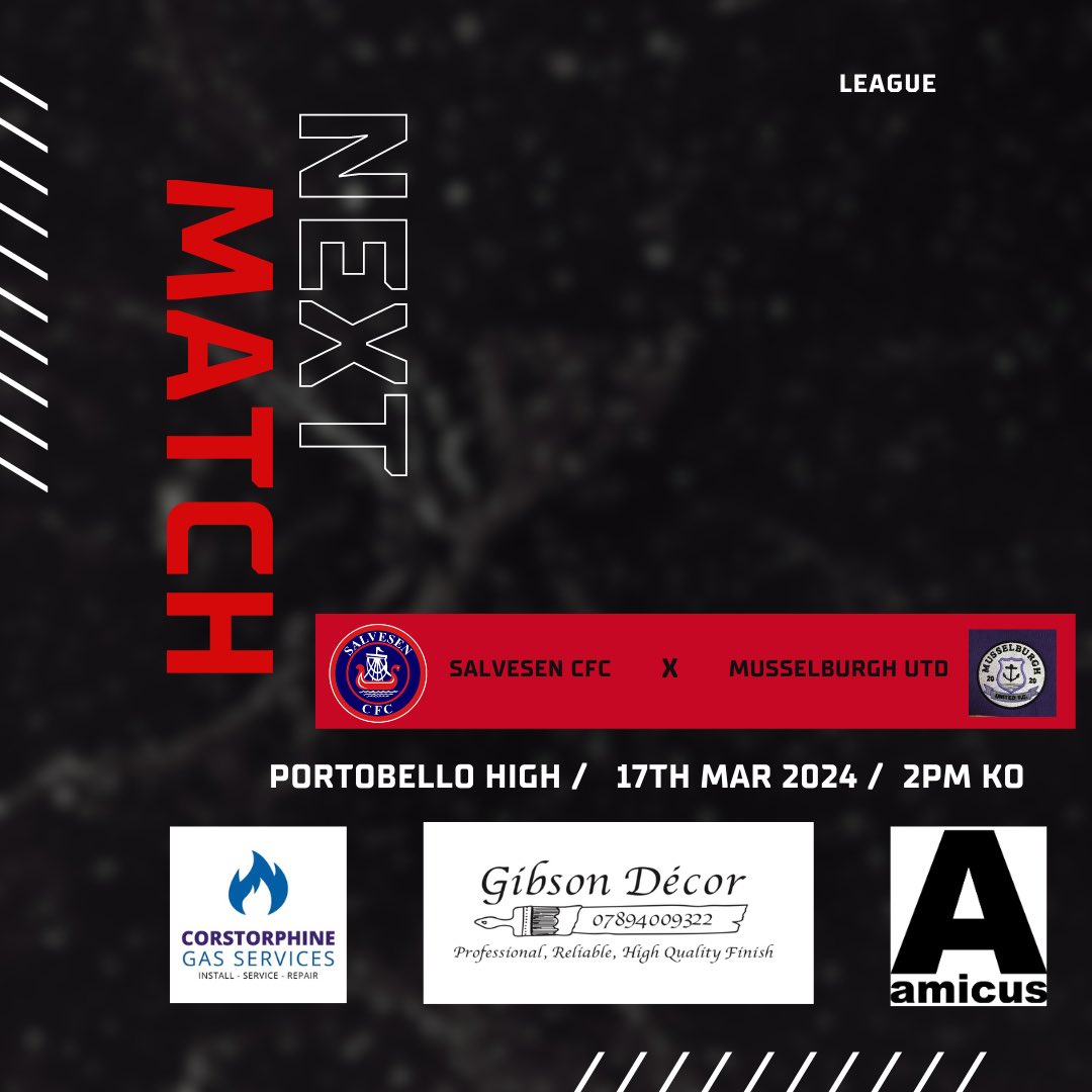 Following our 2-0 win last Sunday we have league action this weekend.

🗓️ Match Details:
🆚 Salvesen FC vs <a href="/MusselburghU/">Musselburgh United</a> 
📅 17/03/24
🕒2PM
🏟️Portobello High School
🏆League

#SalvesenSundays