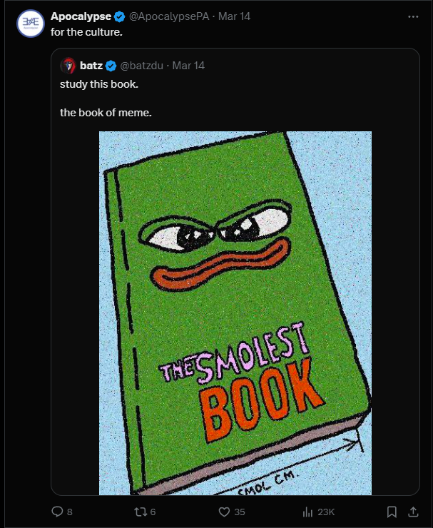 ApocalypsePA's tweet photo. $BOME 400X+ (Süreci Nasıl Yönettik + Çekiliş Postu)

Öncelikle ben kendi yakın arkadaş çevremi uzun süredir (2yıl) trading konusunda bilgilendiriyordum .  Fakat düşük bakiye probleminden ötürü çok kazanç sağlayamıyorlardı.

Daha sonrasında fon firması furyası başladı. Bu süreçte iyi traderlar olduklarını bildiğim için hepsine dedim ki fon alıp kendinizi deneyin gerekirse fon paralarınızı ben ödeyeceğim.

Bir iki başarısız denemeden sonra farkettik ki benim okuldan arkadaşlarım harbiden aylık 3-5K USDT yapmaya başladılar. Hayatlarını tamamen payout üzerinden idame ettirmeye başladılar.

Süreç güzel ilerleliyordu fakat bulk bir bakiye elde etmek için ev/araba vs gibi büyük alımlar yapabilmeleri için spottan yürümeleri gerektiğini düşünüyordum.

Bu süreçte kendi aramızda 5 ODTÜ'lü kendimizi benim evime kapatıp proje araştırmaya başladık. Gerçekten bu süreç baya toxic geçti. 5 tane erkek aynı evde bilgisayar başında tek yaptığımız şey farklı ağlarda çıkan tokenleri araştırmaya başladık.

Evim örgüt evine döndü. Fakat geri dönüşü gerçekten güzel oldu. Bu işe ayırdığımız paranın bir kısmı da bu arada $PEPE'de yükselmeye devam ediyordu.

Günde 5 kere rug yediğimiz de oluyordu $zeek $gui gibi tokenlerde güzel para yaptığımız da oluyordu.

Süreç böyle ilerlerken bir gece böyle bir mesaj geldi. 

Bu şekilde bir presale'e girmek açıkçası bize çok koymadı çünkü zaten sabah akşam rug yemekten dolandırılmak normalimiz haline gelmişti.

Daha sonrasında ön satışa katıldık ve tokenlerimiz geldi.

Bu süreçte BOME'yi satmama sebebimiz ürettikleri artların gerçekten unique olması ve her şeyin inanılmaz eğlenceli ilerliyor olmasıydı.

Hala %50'lik kısmını tutuyoruz.  Binance listeleme öncesi bir kısmını satacağız.

Bu arada proje 100M USD market değerine ulaştığında 500M - 1B marketcap arasına ulaşacağımızı düşündüğüm için ürünü sizlerle de paylaştım.

Ürünü sizinle paylaştığım yerden de 14x yaptı aslında.
Fakat ben burada size kazandırdım açıkça alım yapın dediğimi yazdığımı falan söylemiyorum. Çünkü durum öyle değil. Sadece bu işi zaten yapan insanların alabileceği bir sinyal paylaştım.

Biz MEME'lerin bu piyasanın yeni yatırımcı yakıtı olduğuna inanıyoruz. Bu yüzden kültürü yaymaya ve yaşamaya devam edeceğiz.

Çekiliş postu bir sonraki postta yayınlanacak.
