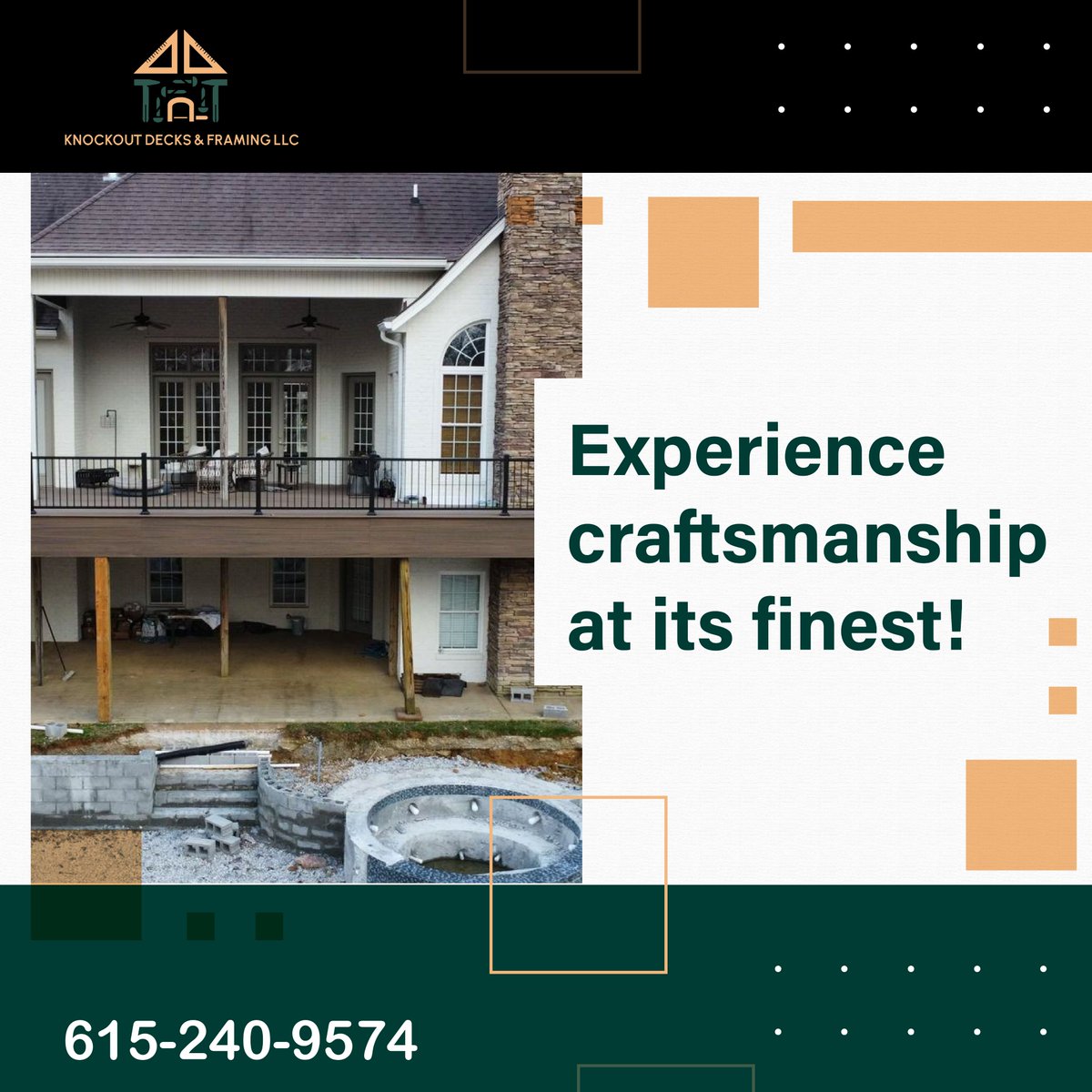 Experience craftsmanship at its finest with Knockout Decks & Framing.  🏡✨

Call Us On +1 615-240-9574

#KnockoutDecks #Craftsmanship #ExpertBuilders #OutdoorLiving #DeckDesign #HomeImprovement #QualityCraftsmanship #TransformYourSpace