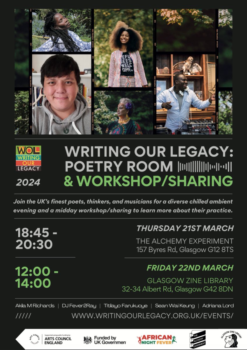 Poetry Room is travelling to Glasgow to present its popular cabaret night at Alchemy Experiment. UK’s finest poets, thinkers & musicians will provide a diverse chilled ambience as we consider the big issues for African, Caribbean, Asian & Global Majority eventbrite.co.uk/e/writing-our-…