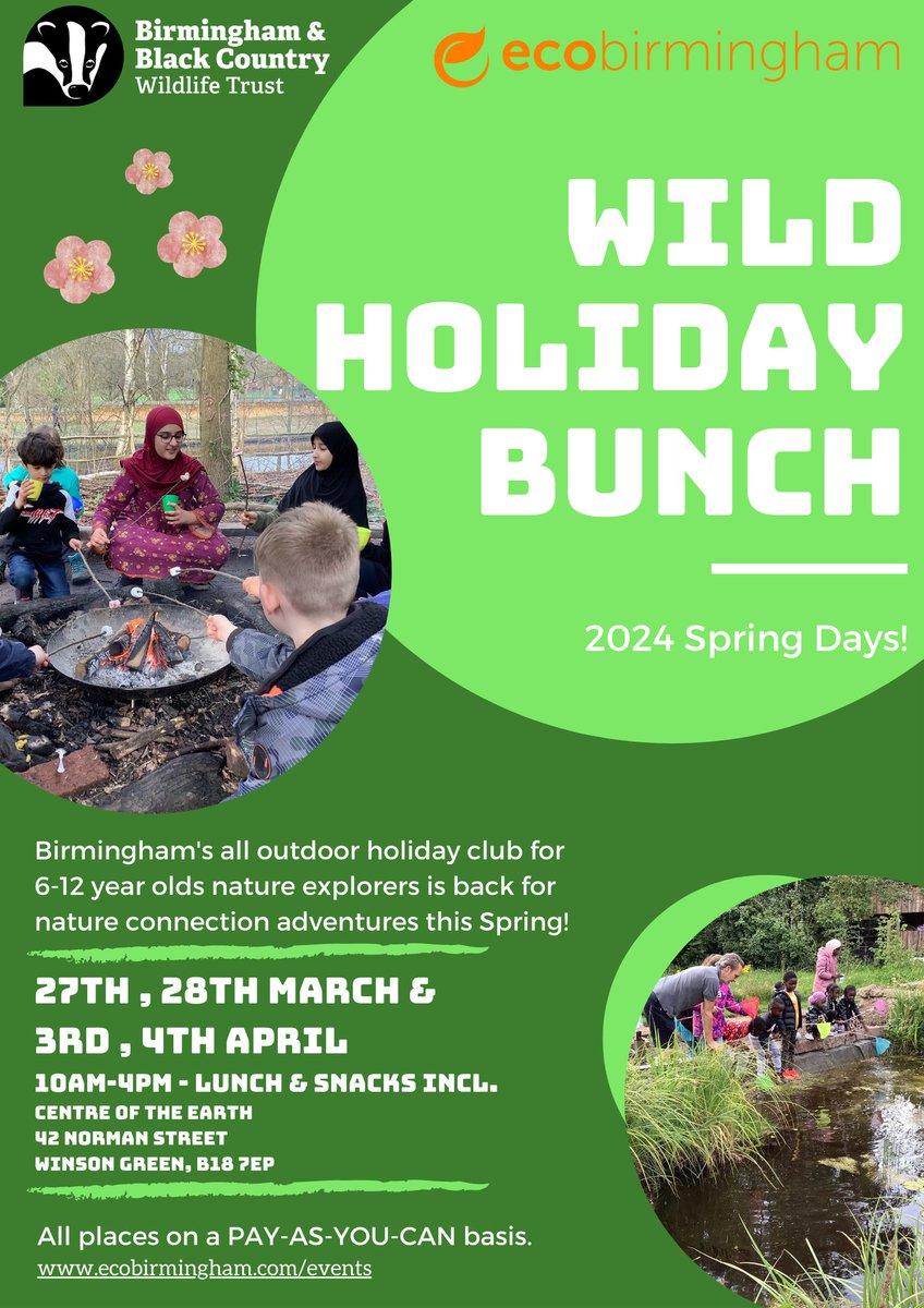 Get WILD this #Easter with our #WildHolidayBunch outdoor holiday club for nature explorers aged 6-12. We'll be back at the Centre of the Earth, @WTBBC headquarters in Winson Green. All places on PAY-AS-YOU-CAN basis can be booked here: ecobirmingham.com/product-catego… 🌳💚🐾