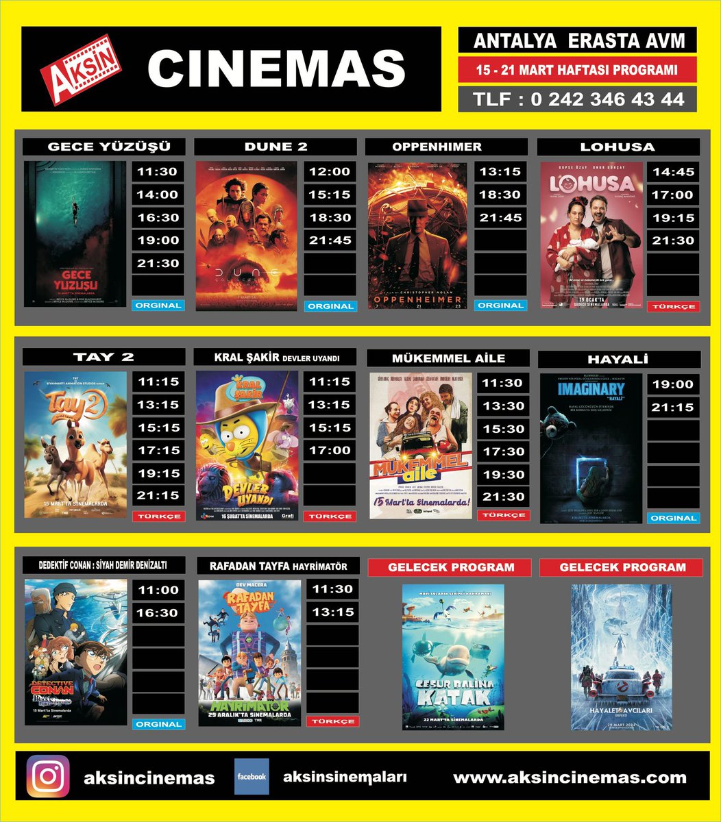 erastaavm's tweet photo. Aksin sinemasında 15 - 21 Mart haftası film programı 🎬 @aksincinemas #erastaantalyaavm #sinema #açıkhava #temizhava #patidostuavm #antalya https://t.co/4Q78RJKYiP