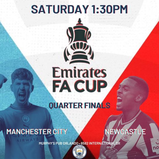TOMORROW!
ManCity face Newcastle in the FA CUP Quarter Finals!
Join us at 1:30PM at our home <a href="/pub_murphy/">Murphy's Pub</a> to cheer on our boys!