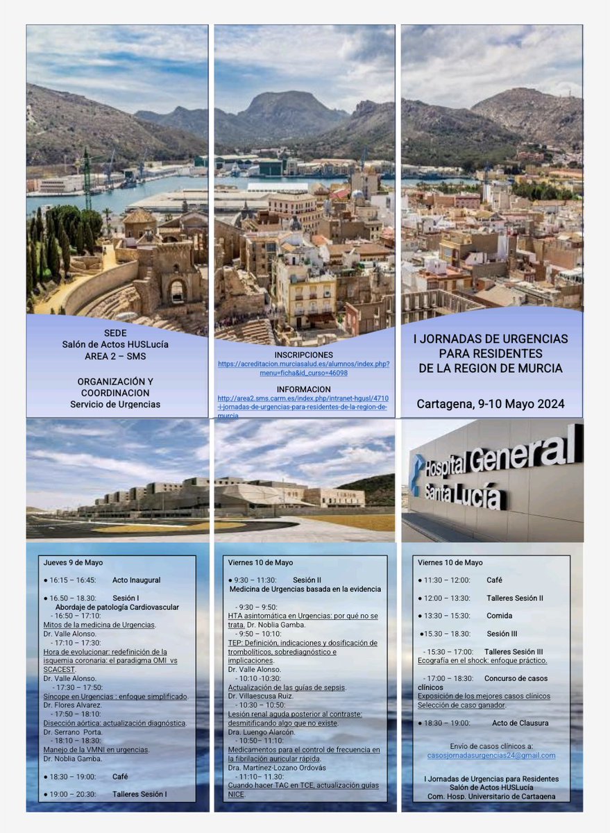 emontoroj's tweet photo. I Jornadas de Urgencias para Residentes de la Región de Murcia.
Os esperamos en Cartagena, 9 y 10 de Mayo. https://t.co/Y1Hz6EiNXz