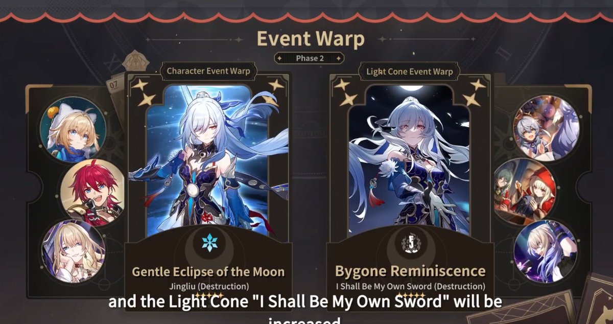 Honkai: Star Rail 2.1 Character Banners Acheron + Luocha first half: - Gallagher - Pela - Dan Heng Aventurine + Jingliu second half: - Lynx - Luka - Serval