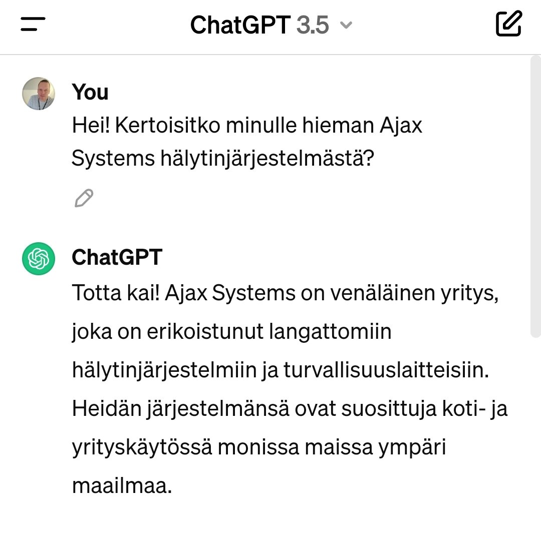 sjkrptk's tweet photo. Mielenkiintoista tai oikeastaan epäilyttää, kun pyysin tekoälyä kertomaan minulle Ajax Systems hälytinjärjestelmästä 🤔 https://t.co/Q3uqjM5mUE