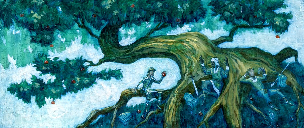 'gnarled apple tree' acrylic and oils. Third one for dolmenwood.com! This was so insanely hard for me, partially because of dimensions being horizontal whilst needing atree that grows vertically and Inever painted figures that tiny but I think it worked out in the end.