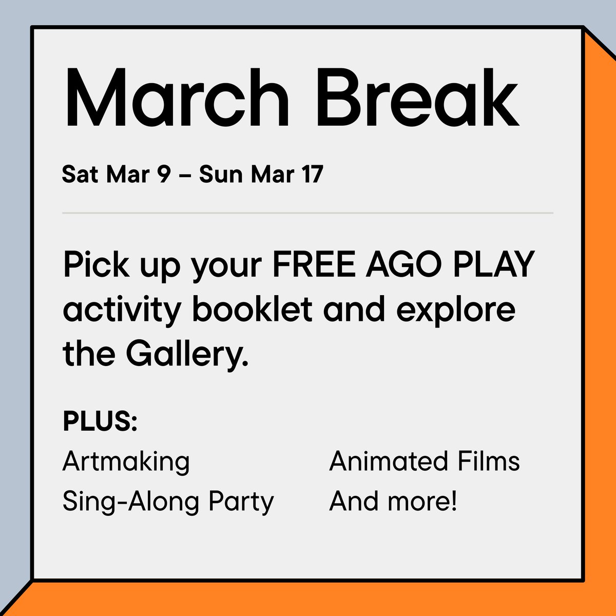 March Break party continues this weekend! We're making art, looking at art...and looking FOR art. Pick up your FREE AGO PLAY activity booklet and explore the Gallery! With programming from 10:30-4PM until tomorrow, March 17 🙌 ago.ca/marchbreak2024