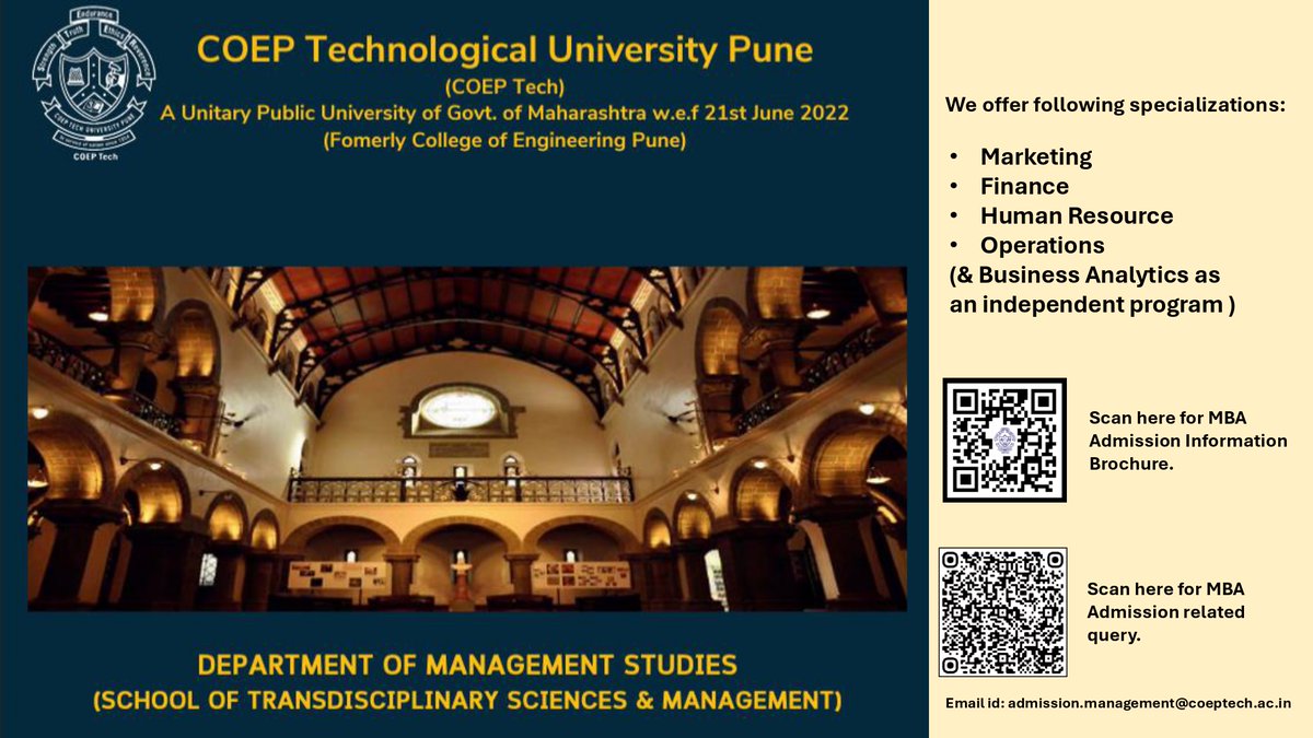 COEPTech's tweet image. Join us at COEP Technological University and embark on a transformative journey towards a successful career in business leadership.

#COEPTechMBA #MBAprogramme #Informationbrochure