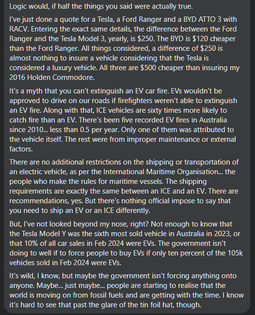 Sometimes I like to poke the bear by commenting on Murdoch toilet paper rags and their fear-mongering around EVs. This response is to someone who thinks that the government is forcing people to buy EVs.
