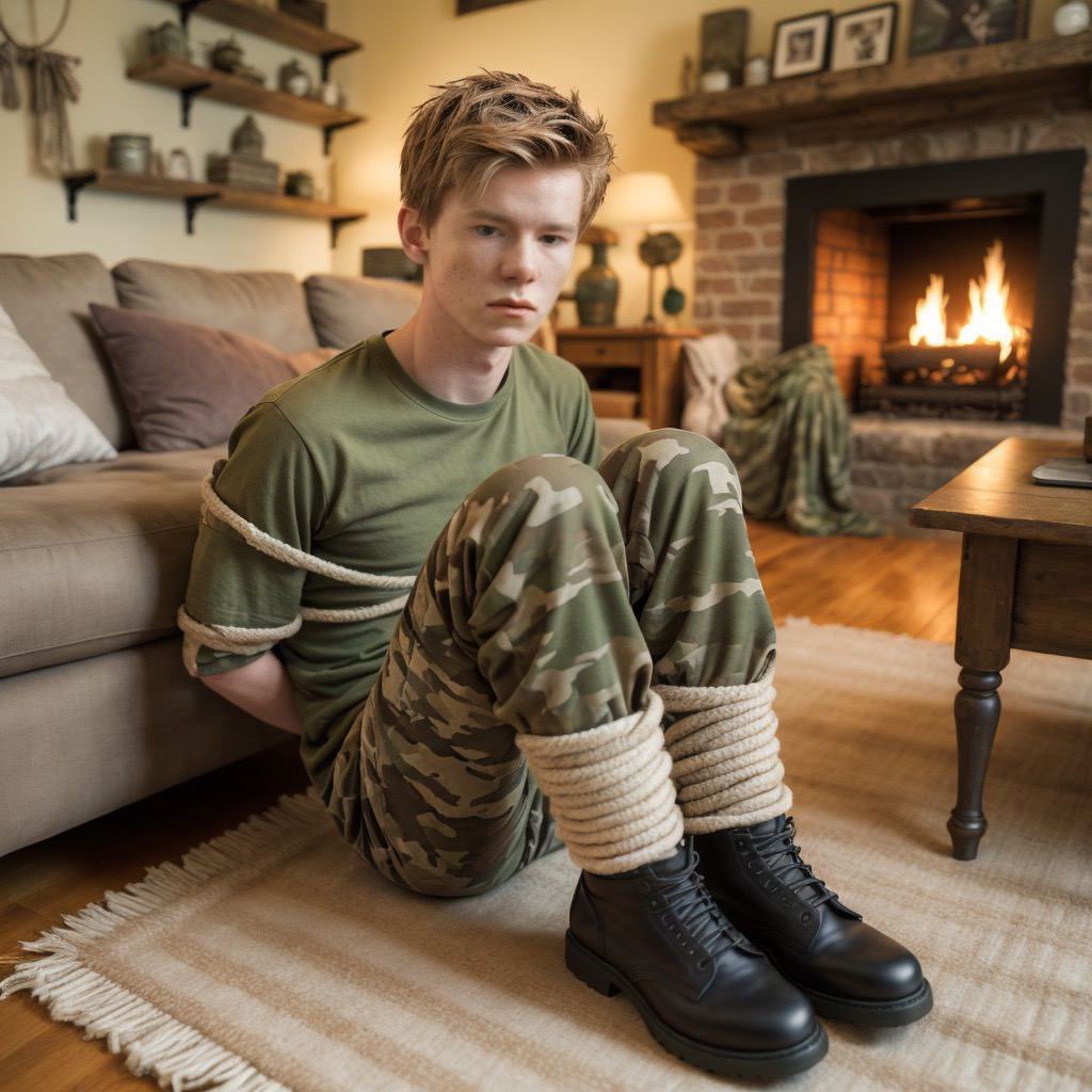 RopesCamouflage's tweet photo. A soldier in a cozy home setting, tied up during a home invasion. Secretly, he's kind of enjoying it, though he'd never admit it. Who else has a kidnapping fantasy? Let's bond over it! 😄🏠 #HomeInvasionFun #BoundSoldiers https://t.co/OoHHmvNR8O