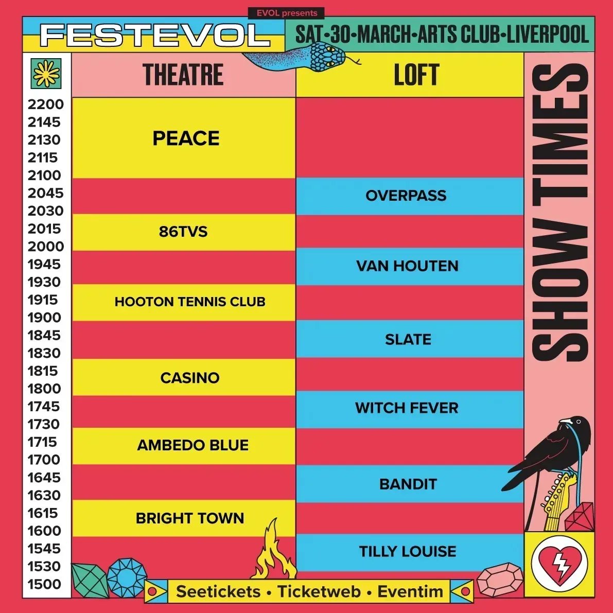 𝐓𝐖𝐎 𝐖𝐄𝐄𝐊𝐒 𝐔𝐍𝐓𝐈𝐋 𝐅𝐄𝐒𝐓𝐄𝐕𝐎𝐋
#FestEvol24. Saturday March 30th. @artsclublpool. Two stages. 12 bands. Absolutely no clashes. All-dayer. 3pm - 10pm. Full lineup and stages times attached. Get involved!

Tickets @seetickets: seetickets.com/event/festevol…