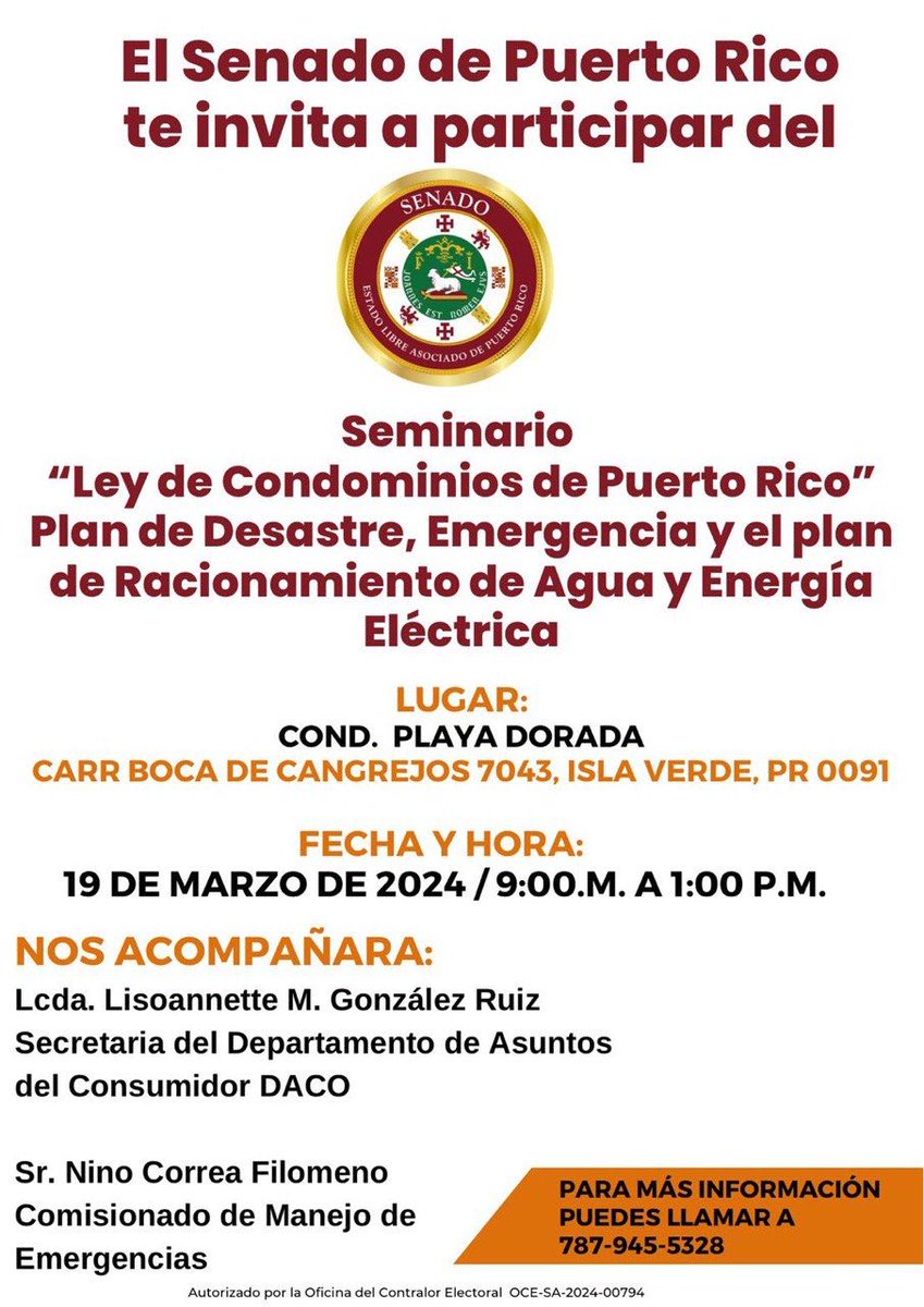 🚨 ¡Atención! El Senado Puerto Rico invita a todos los titulares de condominios a participar del seminario "Ley de Condominios de Puerto Rico" Plan de Desastre, Emergencia y el Plan de Racionamiento de Agua y Energía Eléctrica.

#DacoActivo #dacoeduca