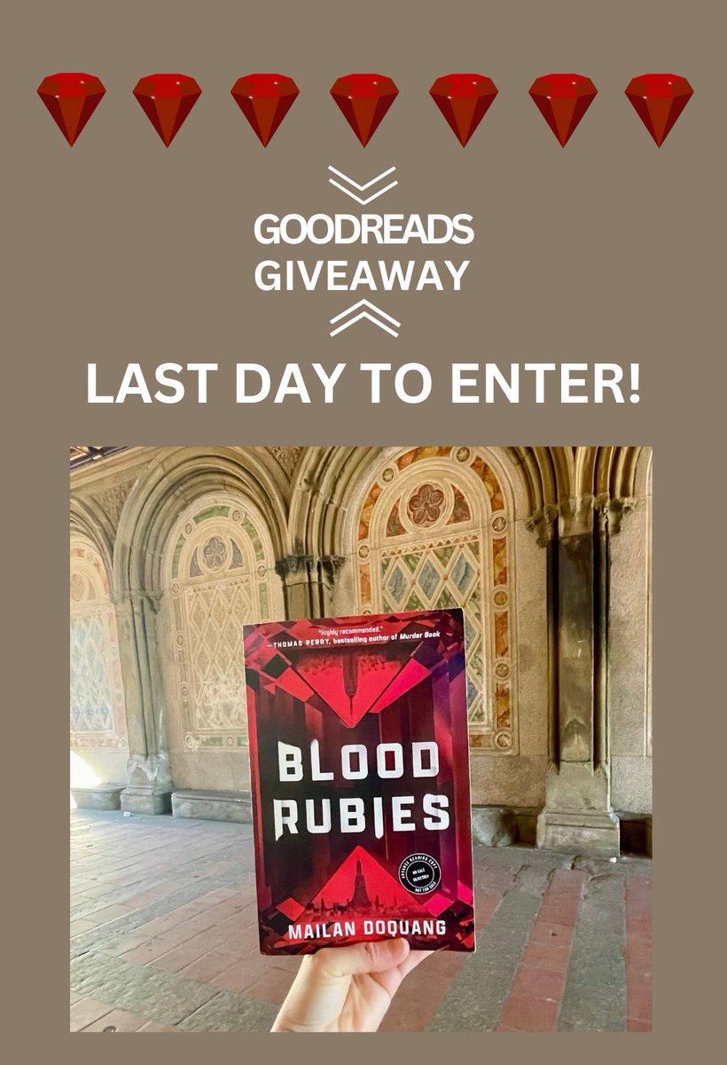 Last day to enter the Goodreads giveaway for a chance to win my debut thriller BLOOD RUBIES, a book Lisa Unger calls “smart, edgy, and rocket-paced”!💎

goodreads.com/giveaway/show/… 

#thrillerbooks #heists #itwdebut