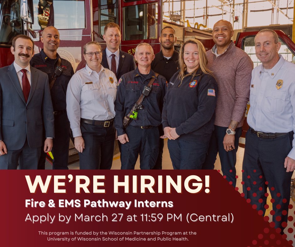 Our Fire & EMS Pathway Internship is a brand new initiative funded by the @WisPartnership! This is a two-year program where interns will get on-the-job training and experiential shadowing at MFD, plus education at Madison College. Apply by March 27: governmentjobs.com/careers/madiso…