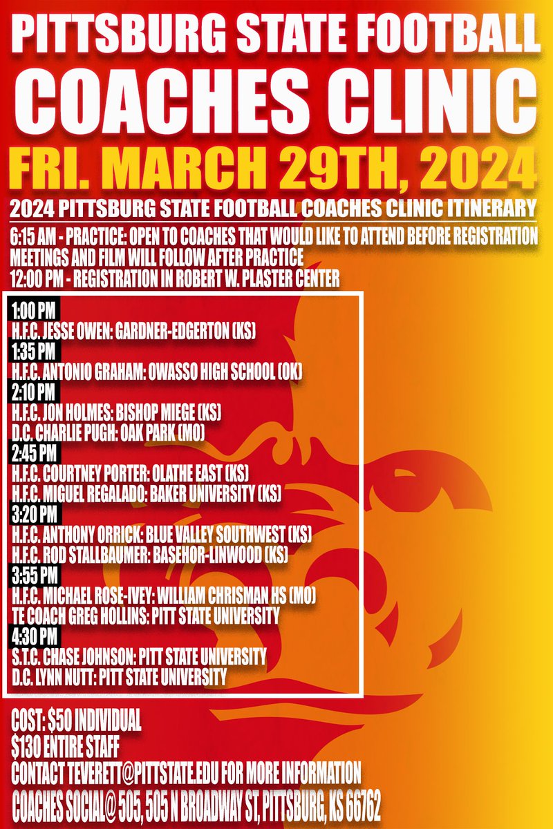 Excited for the opportunity to head to #TheJungle to speak @GorillasFB clinic March 29th! Great group of coaches to listen to and learn from whether it be at PSU's practice and meetings or tremendous group of speakers at the clinic. Come check it out!