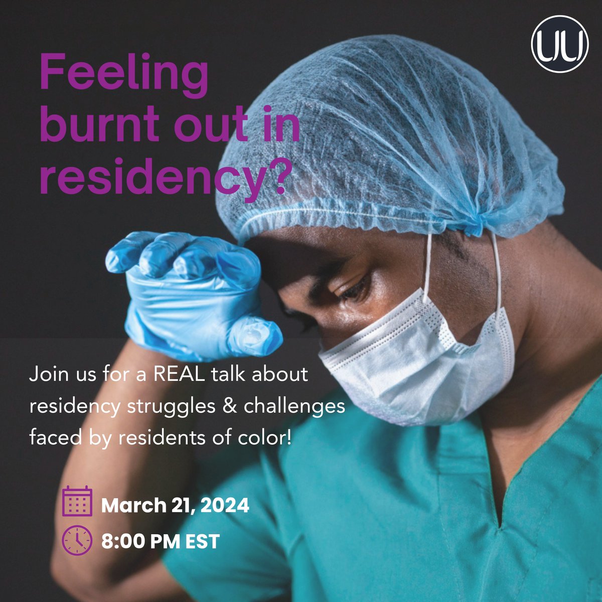 Feeling drained in residency? You're not alone, UU residents! Let's talk about challenges for residents of color. Join the conversation on March 21, 8 PM EST. Let's empower each other! Check your inbox for the meeting link. Not a member yet? Sign up at bit.ly/UU_SignUp.
