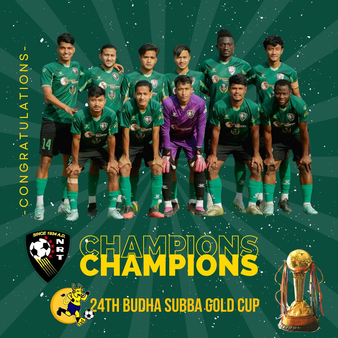 NewRoadTeam's tweet photo. Congratulations lads!! We have won the 24th Budha Subba Gold Cup.
Our boys earned it all; because to their dedication and teamwork, we were able to win the 24th Budha Subba Gold Cup after 16 years.

Scoreline 
NRT 2-1 MFC

Boys, cheers 
#NRT #Congratulations #champions https://t.co/6Wk1zPvuFz