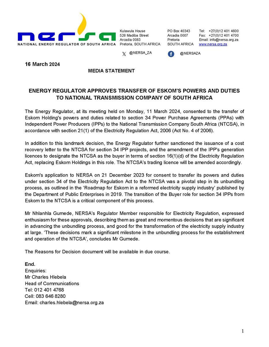 Media Statement - Energy Regulator approves transfer of Eskom powers and duties to National Transmission Company South Africa.