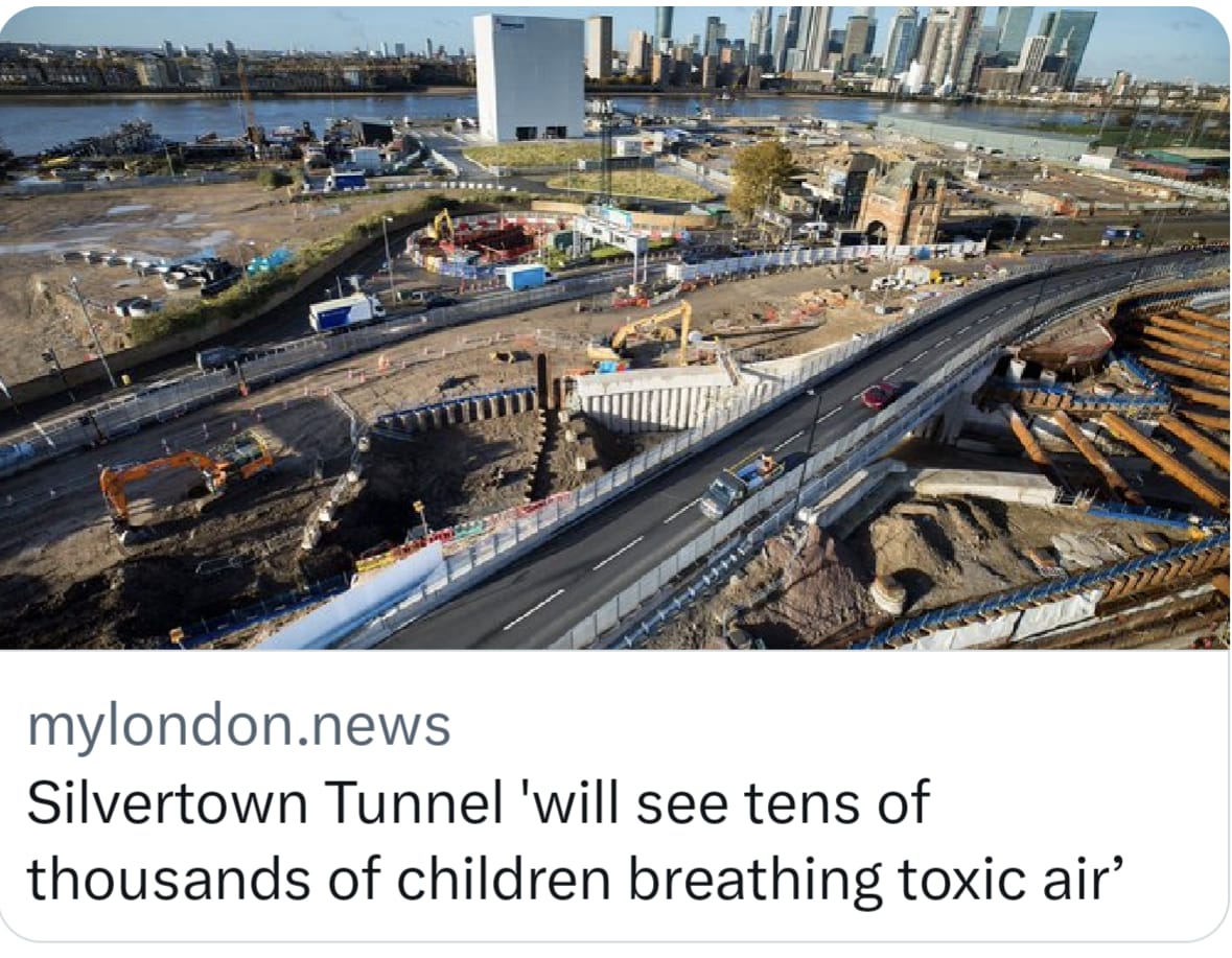 🚛 The Labour Mayor of London's #SilvertownTunnel is a #climate disaster.

🫁 It will mean tens of thousands of children breathing #ToxicAir.

🥀 Add to that expansion of City Airport, and his failed retrofit revolution and we have a record of climate failure.