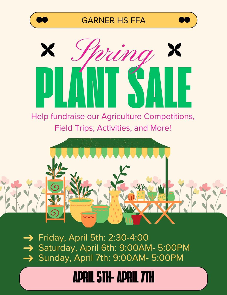 Mark your calendars! Plant sale is coming up! <a href="/Garner_HS/">Garner High School</a> <a href="/wakefedffa/">Wake Federation FFA</a> <a href="/WCPSS/">Wake County Public School System</a> #plantsale