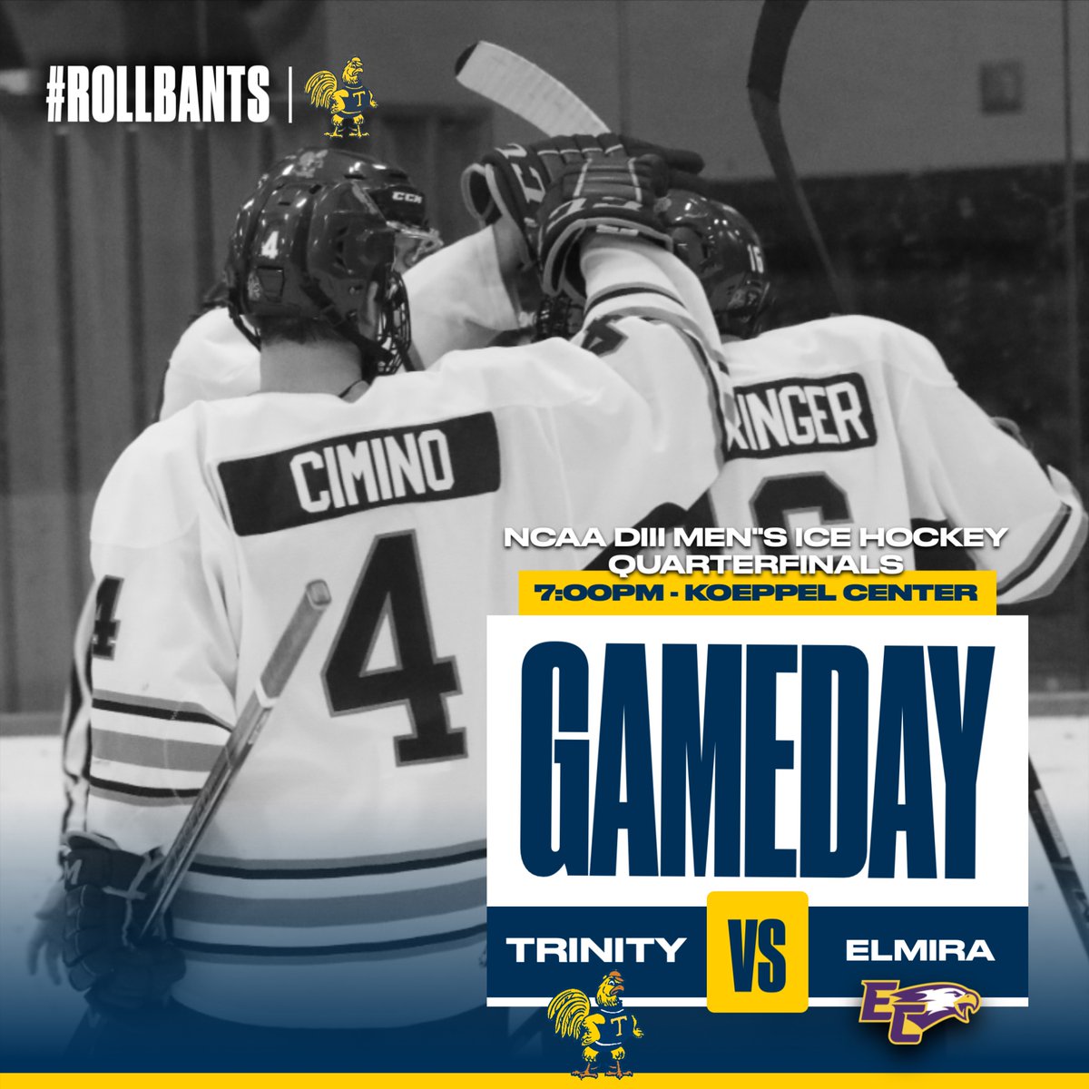 M🏒| @TCBantamsHockey enter NCAA play as they host Elmira College in Koeppel Center at 7PM for the DIII Men's Ice Hockey Quarterfinals #RollBants🐓 🆚 @ElmiraCollege 📍 Koeppel Center ⏰ 7:00PM 📺 nsnsports.net/colleges/trini… 📊 bantamsports.com/sidearmstats/m…