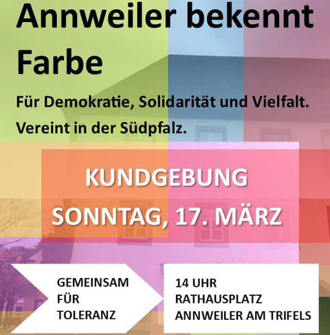 #Annweiler für #Demokratie 17.03.2024 - 14 Uhr Rathausplatz
#GegenRechts #fürDemokratie