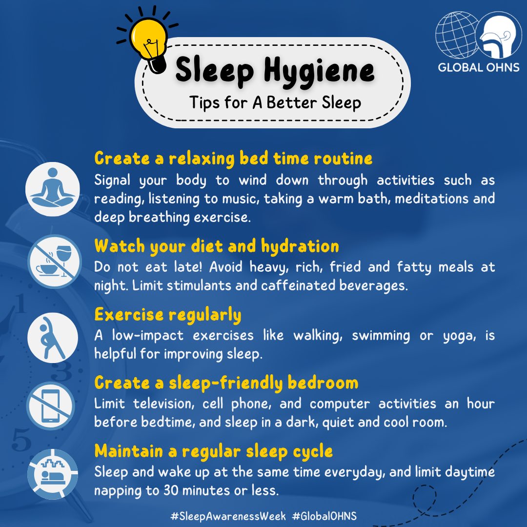 Ready to embrace better sleep? Discover game-changing tips to upgrade your slumber. From relaxation techniques to bedtime rituals, let's unlock the secrets to a restful night's sleep. 😴🌤💫 #SleepAwarenessWeek #BetterSleep #SleepHygiene #TipsForABetterSleep #GlobalOHNS