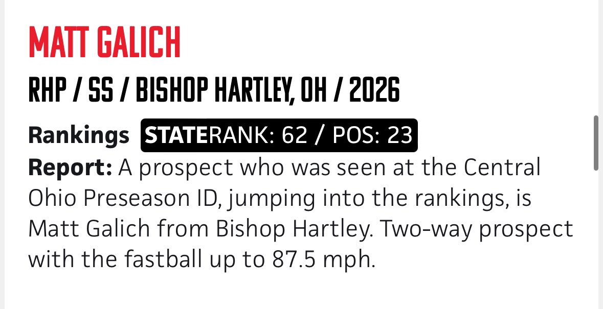 GalichMatt's tweet photo. Thank you to @PrepBaseballOH for ranking me as the 62nd best prospect in Ohio for the class of 2026, and highlighting me as the 3rd best newcomer.
@CoachCyr35 @OhioElite2026 @hartleybaseball https://t.co/PAoyvb3rld