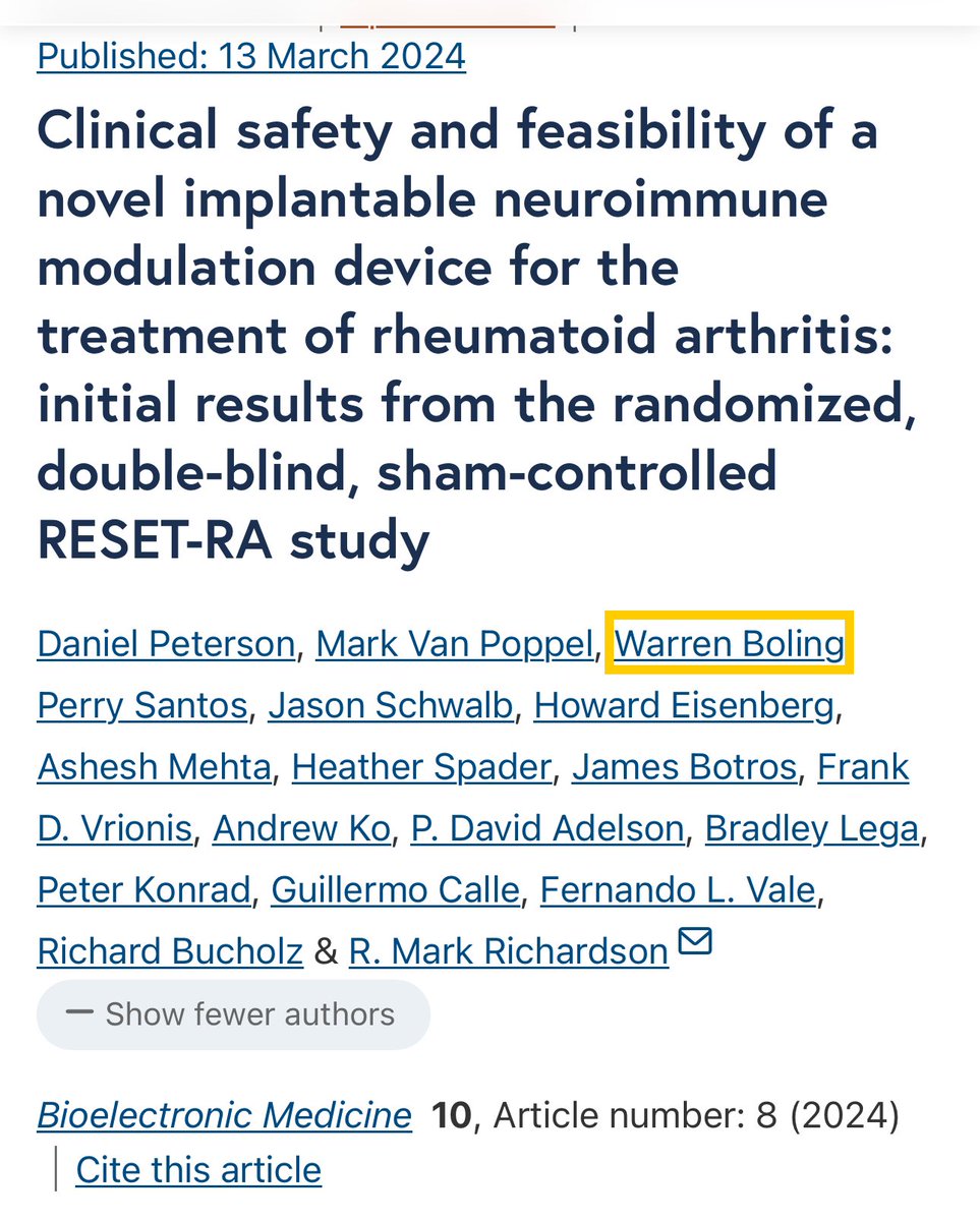 Congratulations to @JasonSchwalbMD et al on their recent publication offering patients a novel neuroimmune modulation device for the treatment of #rheumatoid arthritis. Expanding offerings of #modulations for more patients. Great work team! #RA @ACRheum @RheumAdvisor