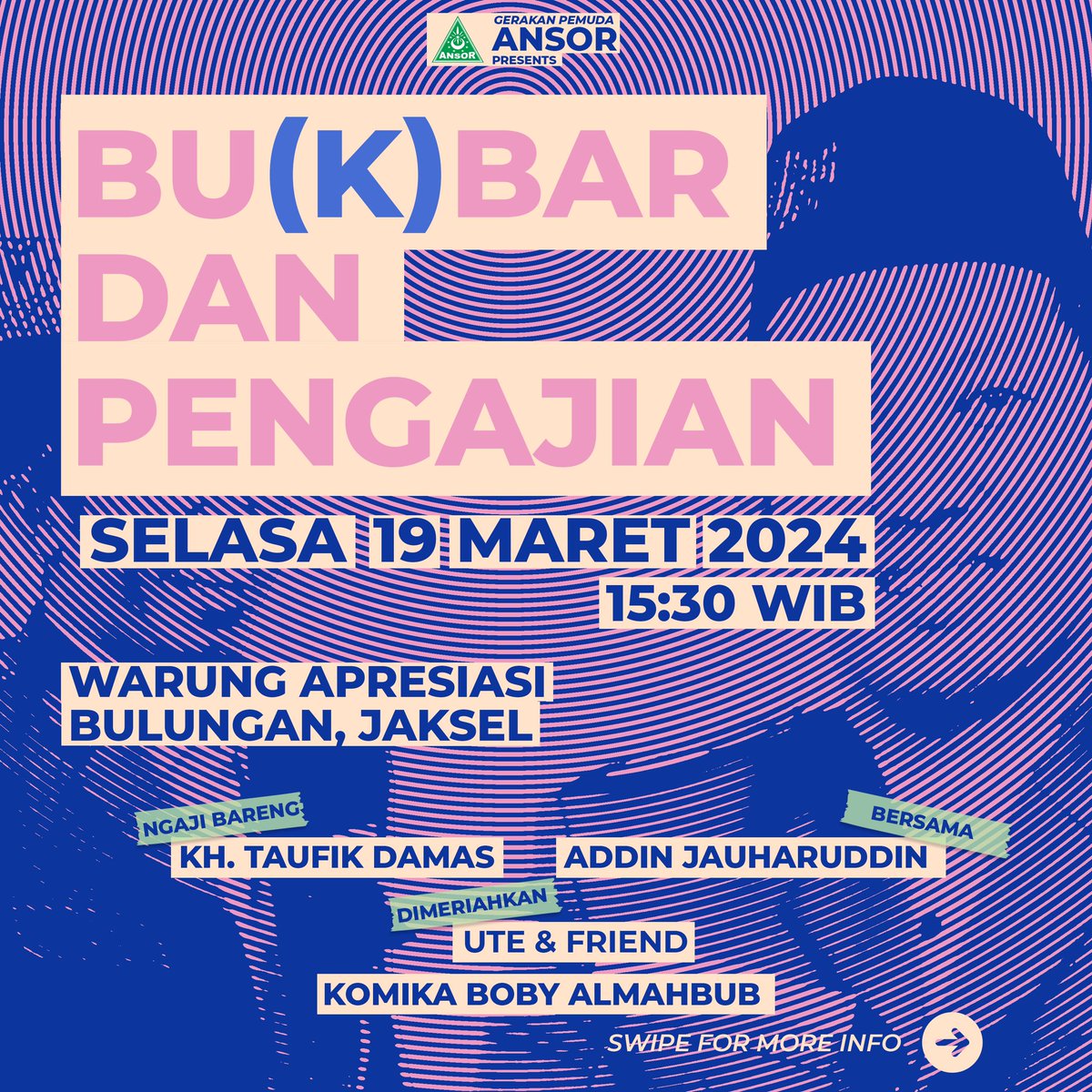 Adinjauharudin's tweet photo. Sahabat-sahabat kaum muda, yang ingin kenal lebih dekat dengan Ansor bisa gabung di kegiatan BU(K)BAR DAN PENGAJIAN yaa. 

Kemeriahan akan dibersamai oleh KH Taufik Damas dll. Tidak ketinggalan ada kejutan dan hadiah menarik. 

Yuk gabung.. https://t.co/6HBTOXX0e2