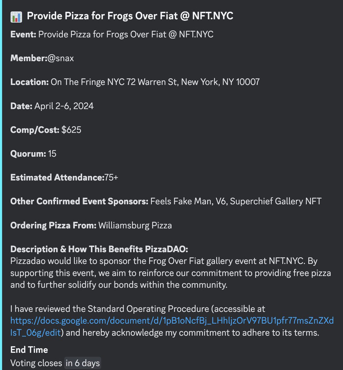 Pizza_DAO's tweet image. 🗳 New Proposals 🗳

Hiring Proposal: Payment Ops

Provide Pizza for Frogs Over Fiat @ NFTNYC

All @RarePizzas  NFT Pizza Box and Pizza holders can vote in the Proposals channel:

discord.com/channels/81209…

#PizzaDAO #RarePizzas