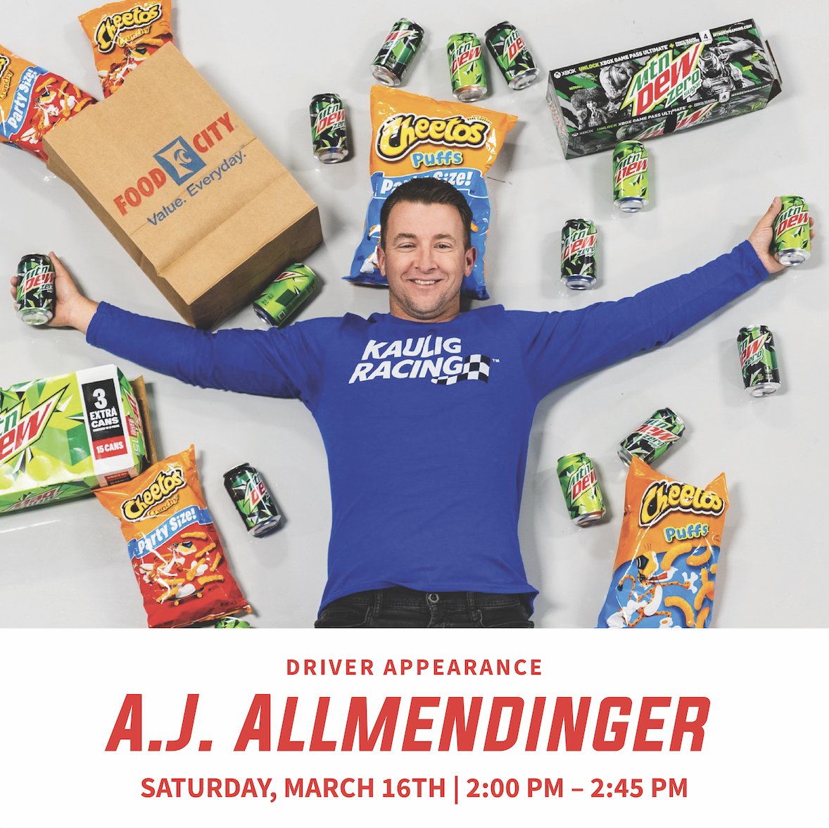 TODAY!! 📣 A.J. Allmendinger will be making an appearance at the Blountville Food City (1921 Highway 394) on Sat, 3/16 from 2–2:45pm. 🏁 Autographs will be given on a first come, first-serve basis to the first 100 people in line to obtain a wristband.