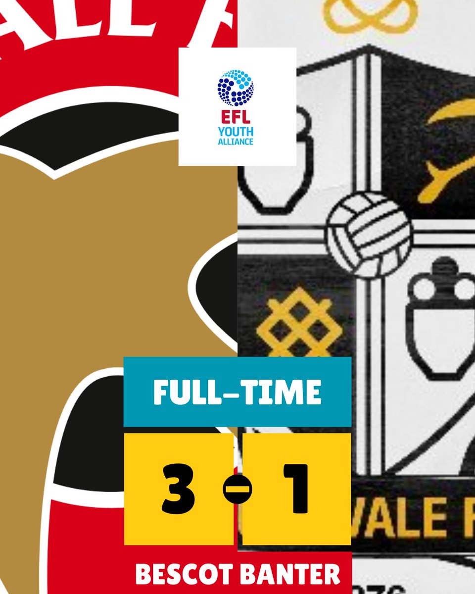 ⏹ 𝗙𝗨𝗟𝗟-𝗧𝗜𝗠𝗘

Walsall 3 Port Vale 1

🥅 Wragg (10', 45+6') OG (58') • Malbon (28')
🏆 EFL Youth Alliance - North West
🏟 Ray Hall Lane

#EFLYA #Saddlers #YoungSaddlers #PVFC #PVFCAcademy