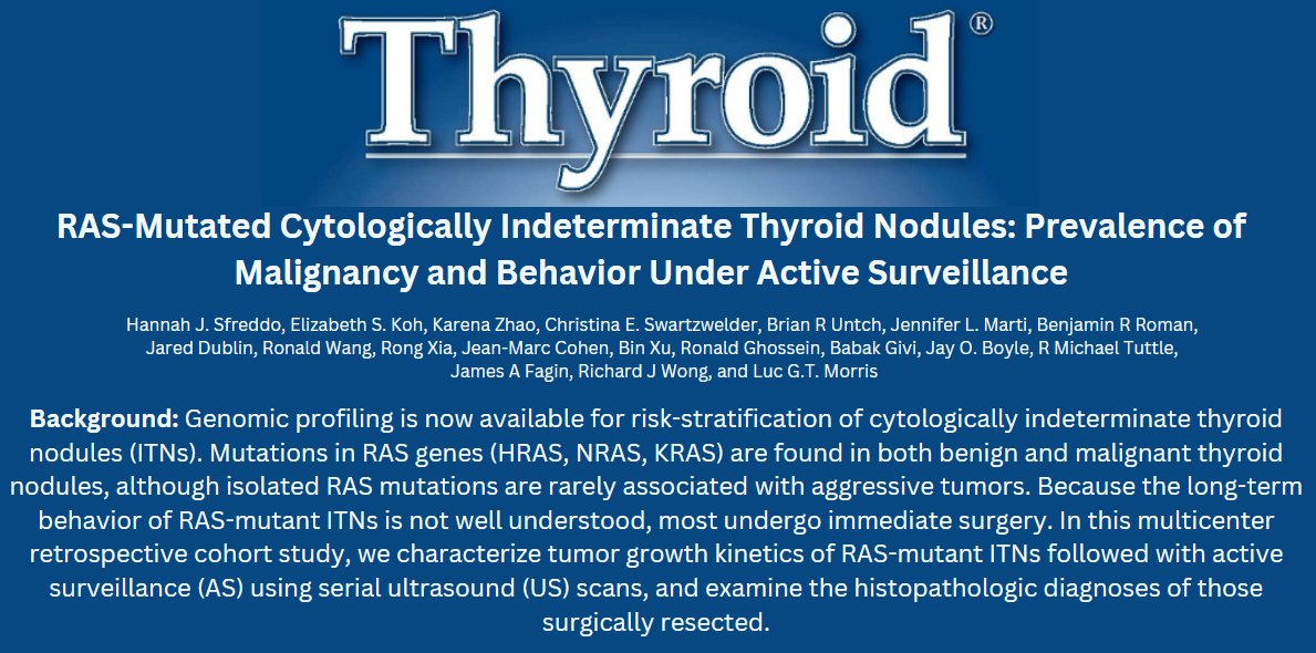 Is it safe to leave a #RAS mutated indeterminate thyroid nodule in situ? Scientists from @MSKCancerCenter attempt to answer this question in this new article @ThyroidJournal. ow.ly/lE2950QNQAO #thyroidcancer #moleculartesting