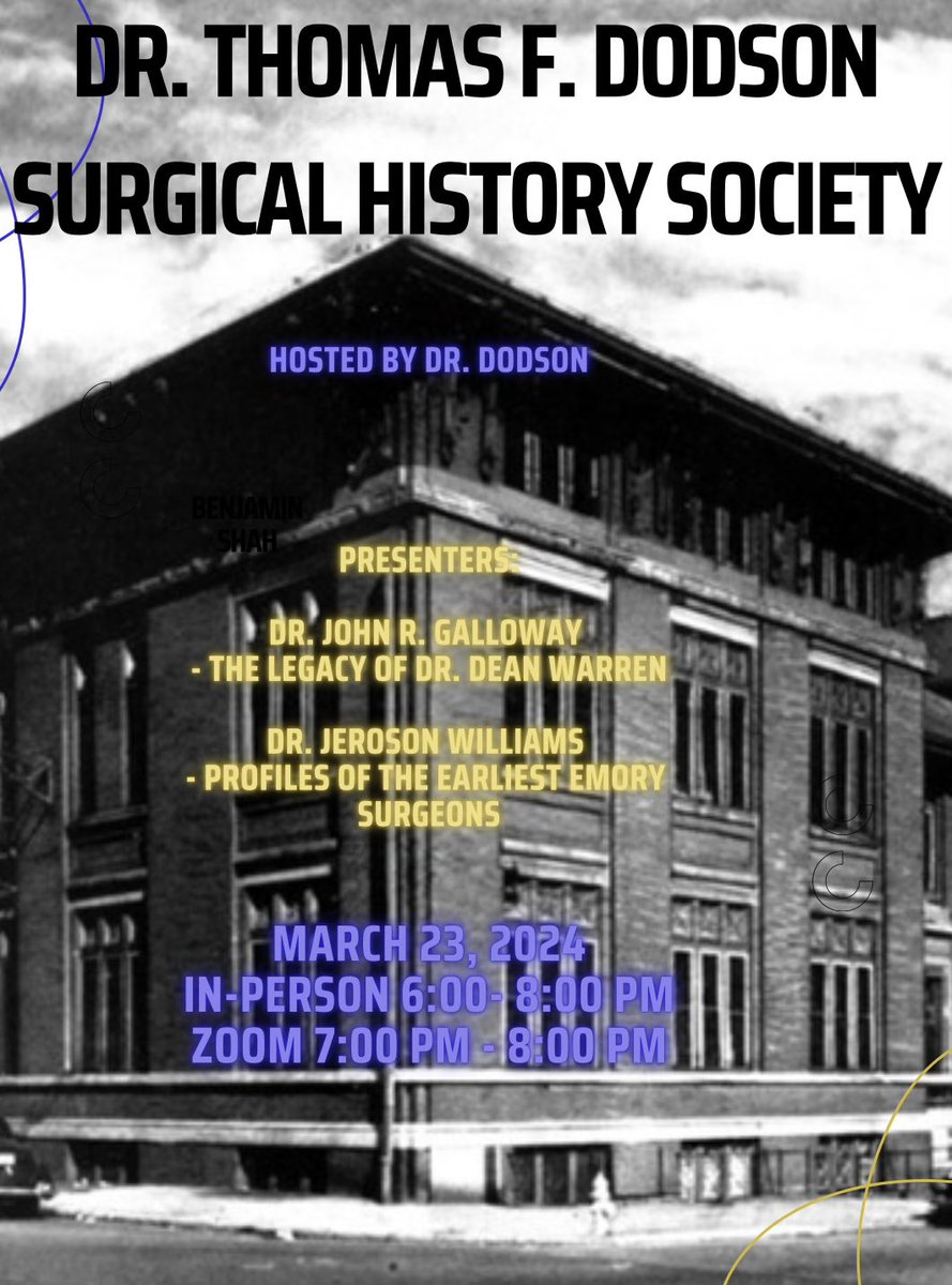 We’re excited to announce the next meeting of the Dr. Thomas F. Dodson Surgical History Society on 3/23. We’ll have a special presentation by Dr. John Galloway to present the Legacy of Dean Warren. If interested, please DM for details.