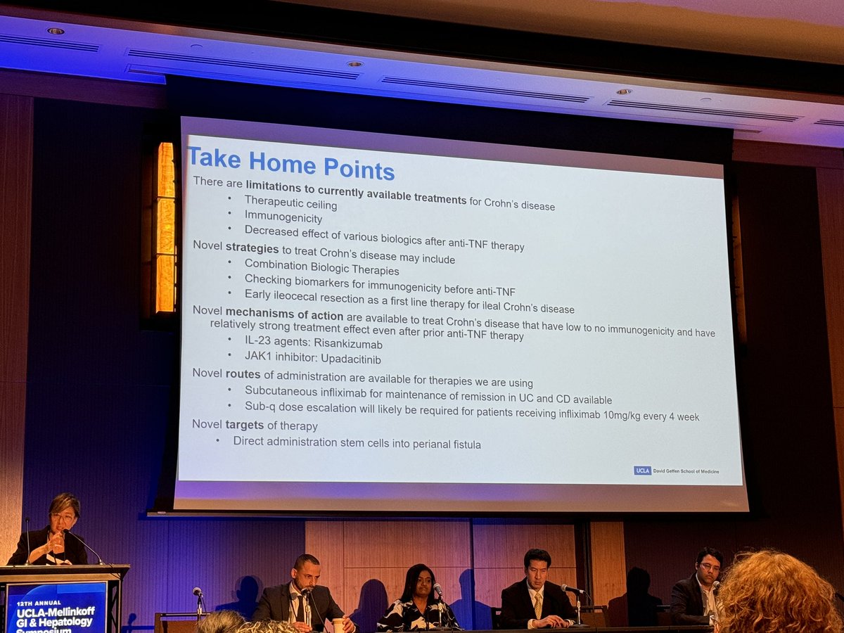 Starting day 2 of @UCLAGIHep Mellinkoff Symposium with a high yield IBD session by an excellent panel reviewing novel IBD therapies and their positioning in treatment algorithms.

 #Jenny_Sauk @berkeleydoc @BonthalaMD @HassanHamandi #Siddharth_Singh