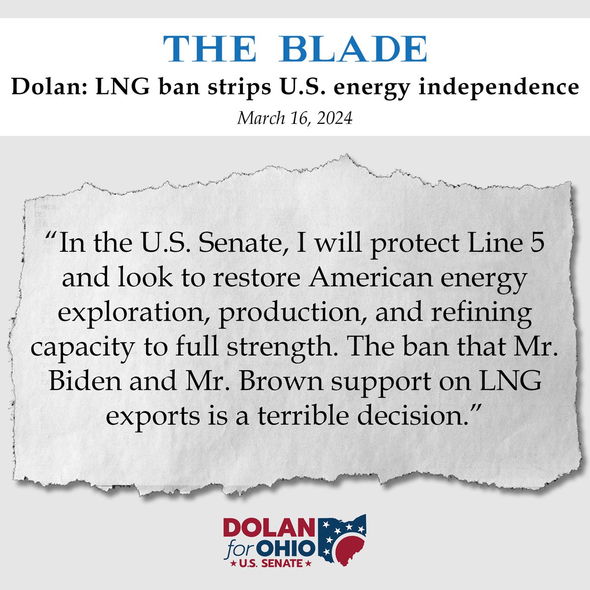 Joe Biden &amp; Sherrod Brown’s war on energy is an attack on your wallet. My <a href="/toledonews/">The Blade</a> op-ed out today outlines how I’ll work to reclaim American energy independence so we can restore our national security and protect Ohio jobs and consumers. dolanforohio.com/dolan-op-ed-ln…