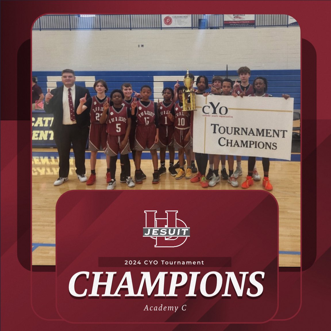 Presenting your 2024 CYO Tournament Champions 👑 Congratulations 🎊 Way to go boys! We are so proud! #UofDJesuit #UofDJesuitBasketball #Champions