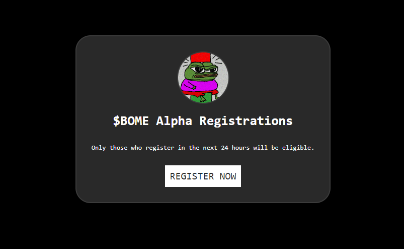 AFSza's tweet photo. The first Solana project to launch Alpha Quests for users to earn $BOME Rewards.

Only those who register in the next 24 hours will be included. Don't miss out!

👉 https://t.co/LwAPeJlHQd

Register, Participate and Earn Rewards https://t.co/qqbIZMSVEM