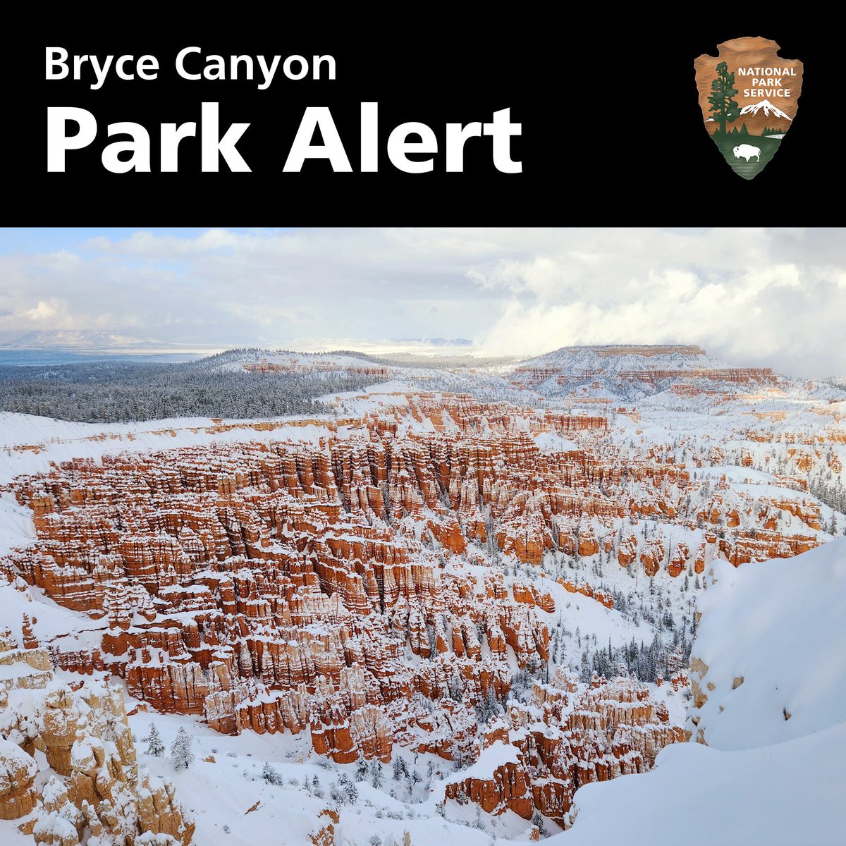 ✅ The Main Road is now open to Mile 3 of 18, allowing vehicle access to viewpoints within the Bryce Amphitheater (pictured). Road conditions are partly clear with areas of compacted snow and ice. Trail surfaces are compacted snow and ice. Please travel cautiously.