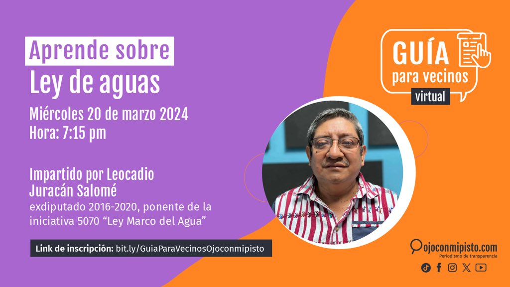 ¡Llega la #GuíaParaVecinos del mes! Este miércoles 20 de marzo, aprenderemos sobre la necesidad de una “Ley de Aguas” en Guatemala con el exdiputado <a href="/LeocadioJuracan/">Leocadio Juracán</a>. Inscríbete y reserva tu espacio para participar de esta sesión virtual, aquí👇
bit.ly/GuiaParaVecino…