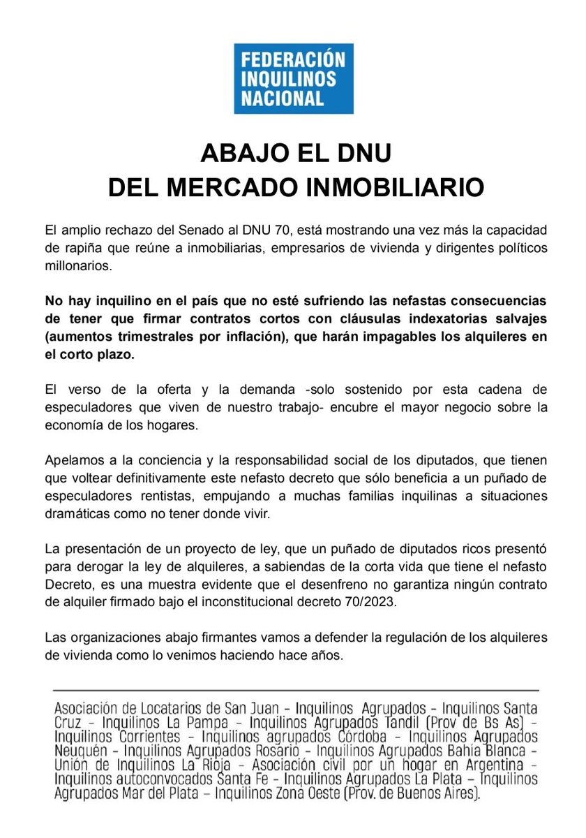ABAJO EL DNU DEL MERCADO INMOBILIARIO

Las 16 organizaciones inquilinas queremos expresar nuestra absoluta convicción de que el decreto inconstitucional 70/2023 debe ser rechazado en diputados y que en Argentina -como en el resto del mundo- el alquiler debe ser regulado.