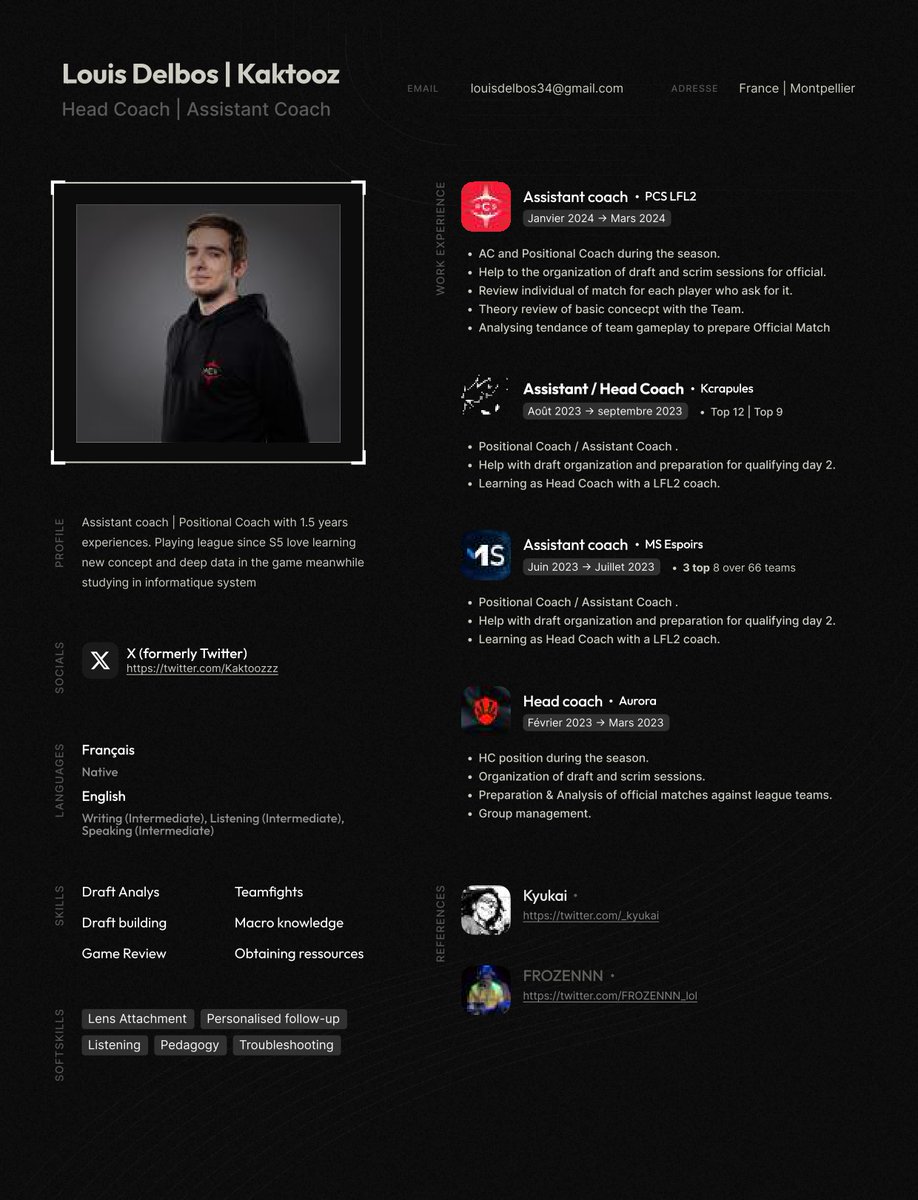 Kaktoozzz's tweet image. After the end of the split &amp;amp; contract with PCS i'm now LFT for the Summer split. Mainly looking for HC positions or AC in major leagues but still open to any offer. 

Ref : All players i've worked with

RT &amp;amp; Fav are appreciated