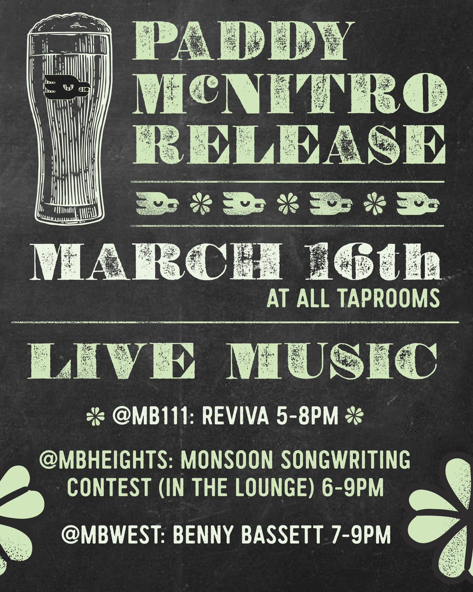 🍀 BACK ON TAP 🍀
Paddy McNitro • Hints of bakers chocolate, espresso, and mild roast harmoniously balance our silky smooth nitro stout. A brew truly fit for our St. Paddy’s weekend celebrations! 
ABV: 6.1%

Available at all taprooms. Live music at all 3 taprooms to celebrate!