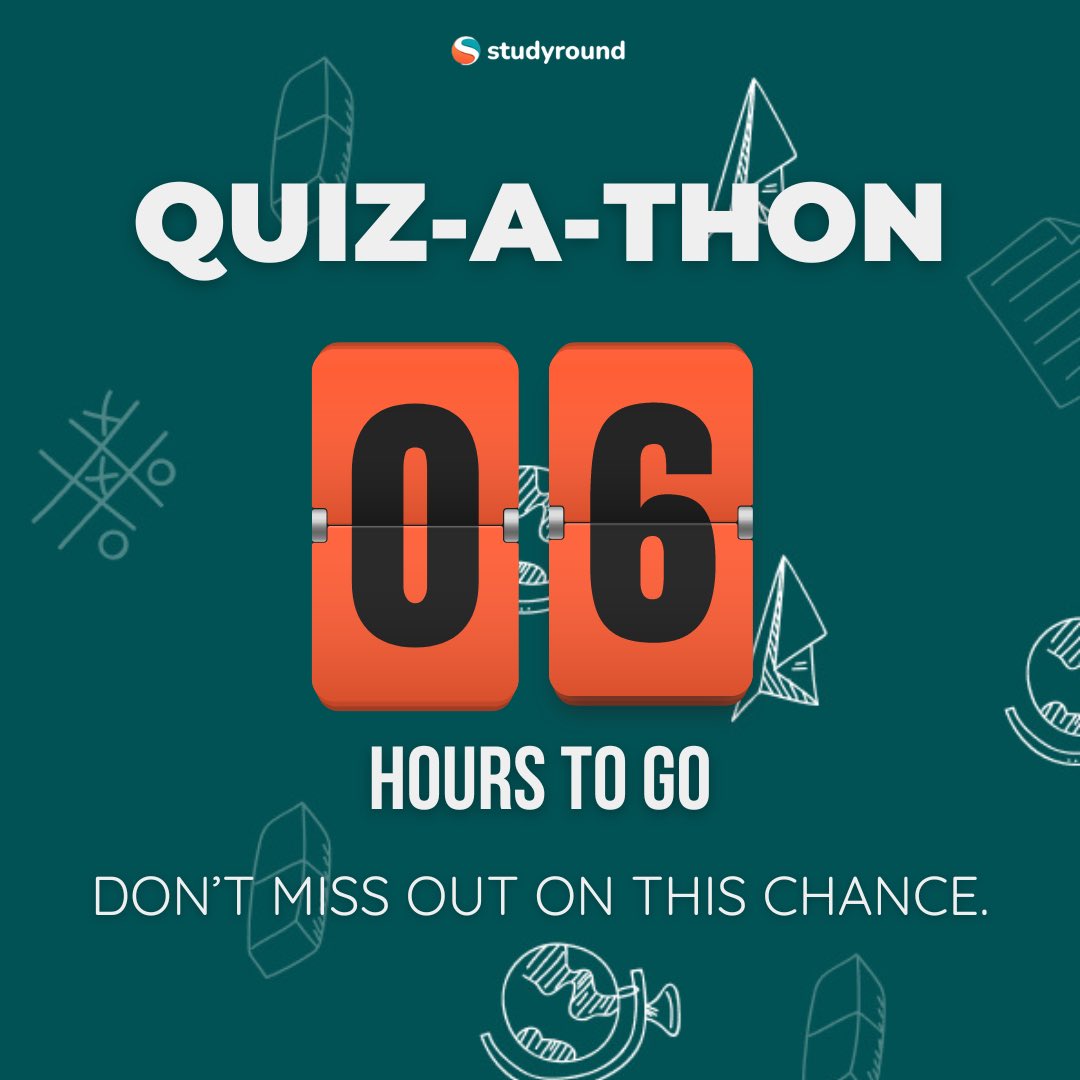 studyroundHQ's tweet photo. Only 6 hours left in the ultimate Quizathon
Time is ticking, but it's not too late to join the excitement! 
Hurry and register now to test your knowledge and seize your chance at winning fantastic prizes! 

🏆 Don't miss out on the final stretch - sign up before it's too late! https://t.co/oe3jKIcv4q