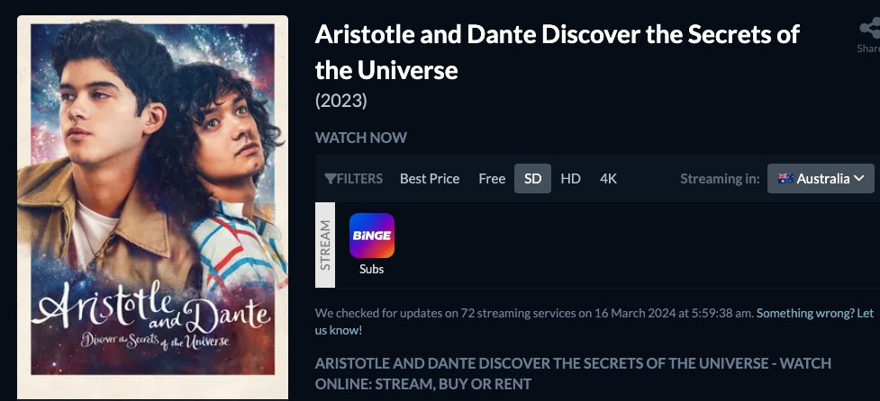 🇦🇺 ✨ Aristotle and Dante is now streaming on @binge in Australia! (📸 Psst, if anyone in Australia could send us a screenshot from within Binge, we'd appreciate it!)