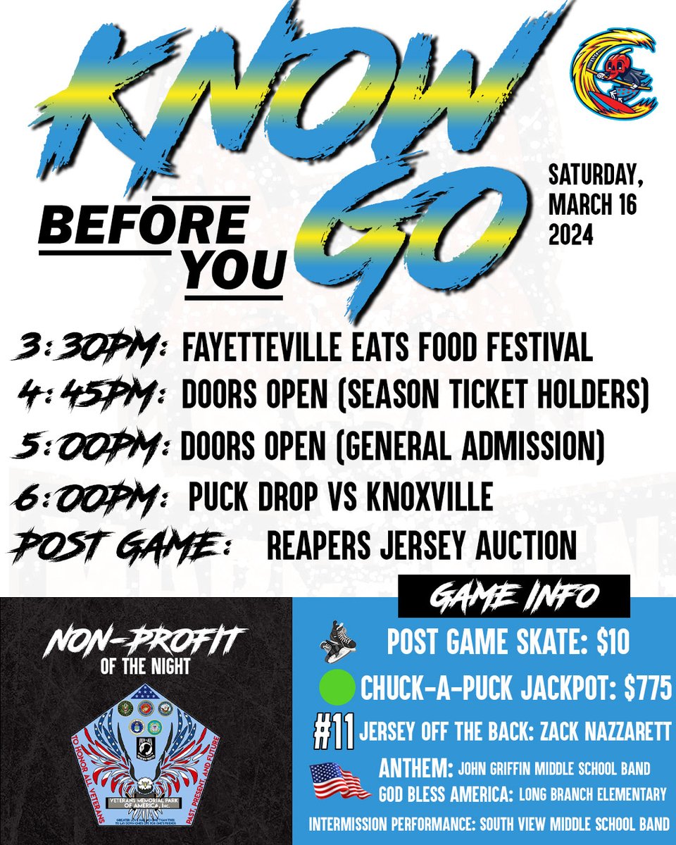 🧠 Know ⬅️ Before 🫵 You 🚘 Go on Reapers Night!!!

NPON: Veterans Memorial Park of America, INC.

🎟️ buff.ly/3px6WIs

#FearTheReaper💀