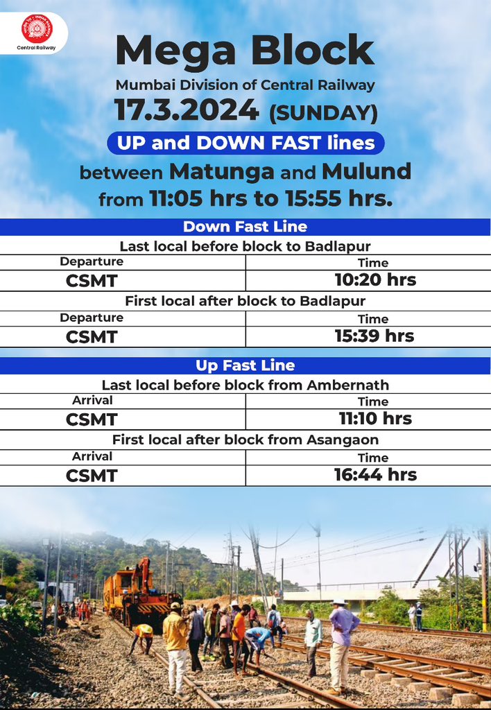 Central_Railway's tweet image. Attention Passengers! 🚨 🚧
Mega Block on Fast line &amp;amp; Harbour line on 17/03/2024 (Sunday). Check the schedule for the last and first locals before and after the block. ⚠️🕒Plan your travel accordingly.

#CentralRailway #MegaBlockAlert #RailwayUpdates