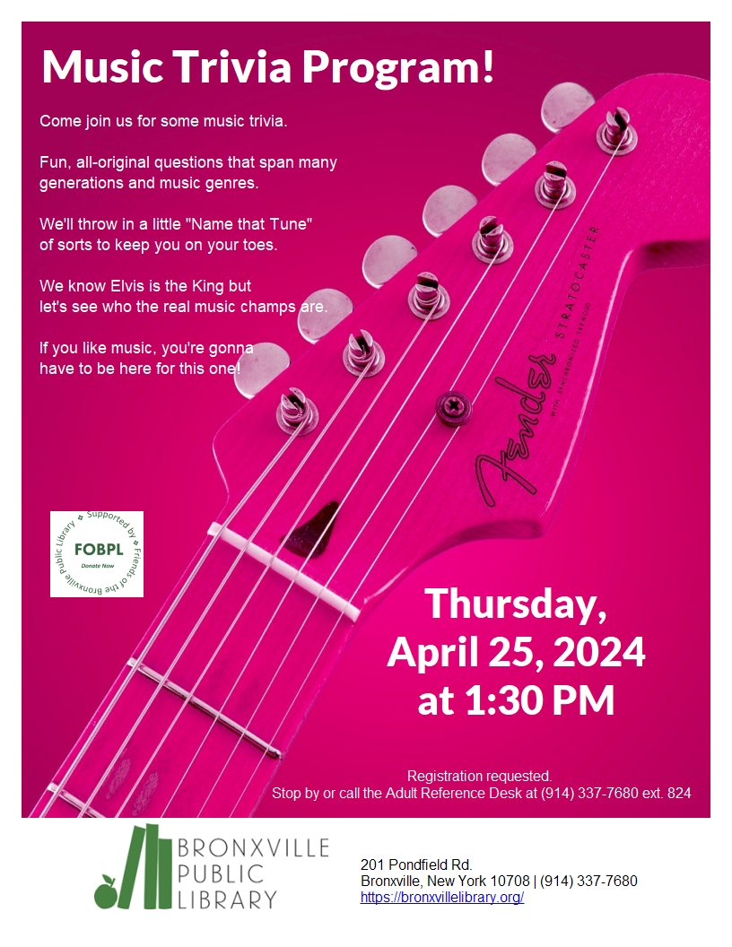 Join us for some music trivia! Questions will span generations and genres, and we'll throw in some Name That Tune! Registration requested.
#bronxville #bronxvilleny #bronxvillelibrary # music #musictrivia